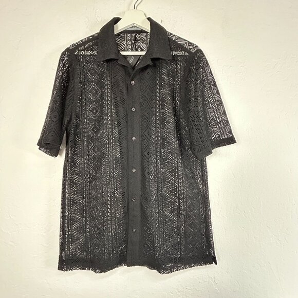 Manière De Voir Mens Black Sheer Pattern Short Sleeve Button-Up Shirt Large New - Picture 1 of 7